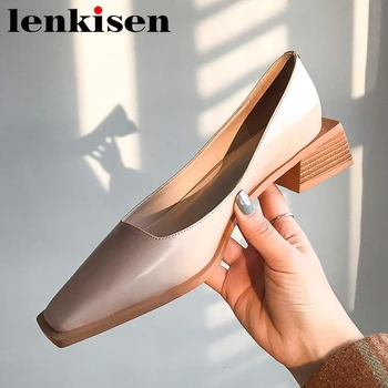 

Lenkisen solid pumps genuine leather square toe med heel European simple design office lady shallow slip on hot shoes women L09