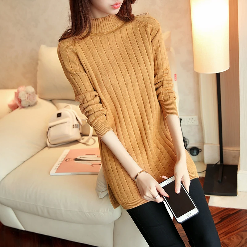 

Women's Long Basic Turtleneck Solid Split Pullovers Ladies Warm Jumpers Long Sleeve High Neck Striped Sweater 2020 Winter Autumn