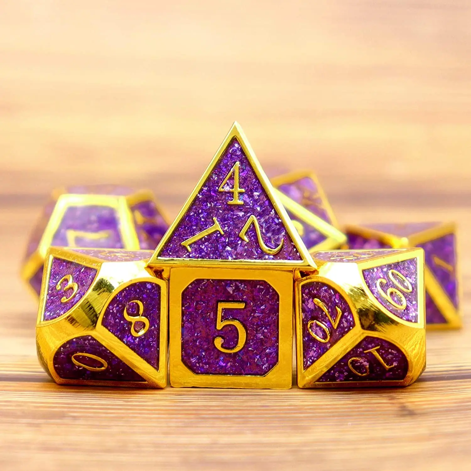 Haxtec Gold Glitter Metal Dice Set 7PCS Polyhedral Glitter Dice for Role Playing Dice Games DND-Purple