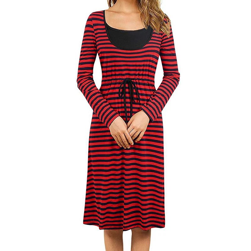 Pregnant Women Breastfeeding Clothes Autumn Winter stripe Lactation Maternal Dress Nurse Pregnancy Casual Receiving Waist Dresse - Цвет: Red stripe