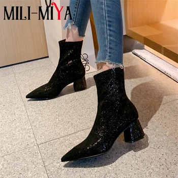 

MILI-MIYA Fashion Stretch Fabric Women Ankle Boots Slip-On Solid Color Sexy Pointed Toe Square Heels Casual Shoes For Ladies