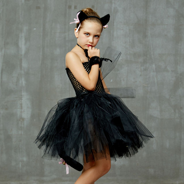 Baby Black Cat Costume Dress Girls Animal Tutu Role Play Cats Outfits