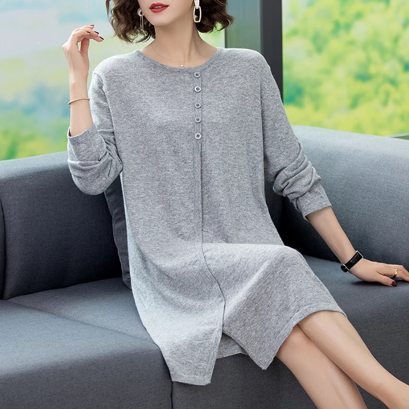 

Lady's Cashmere Fashion Button Sweater Dress Autumn Winter Female Loose Casual Long Sweater Pullover Knit Dress