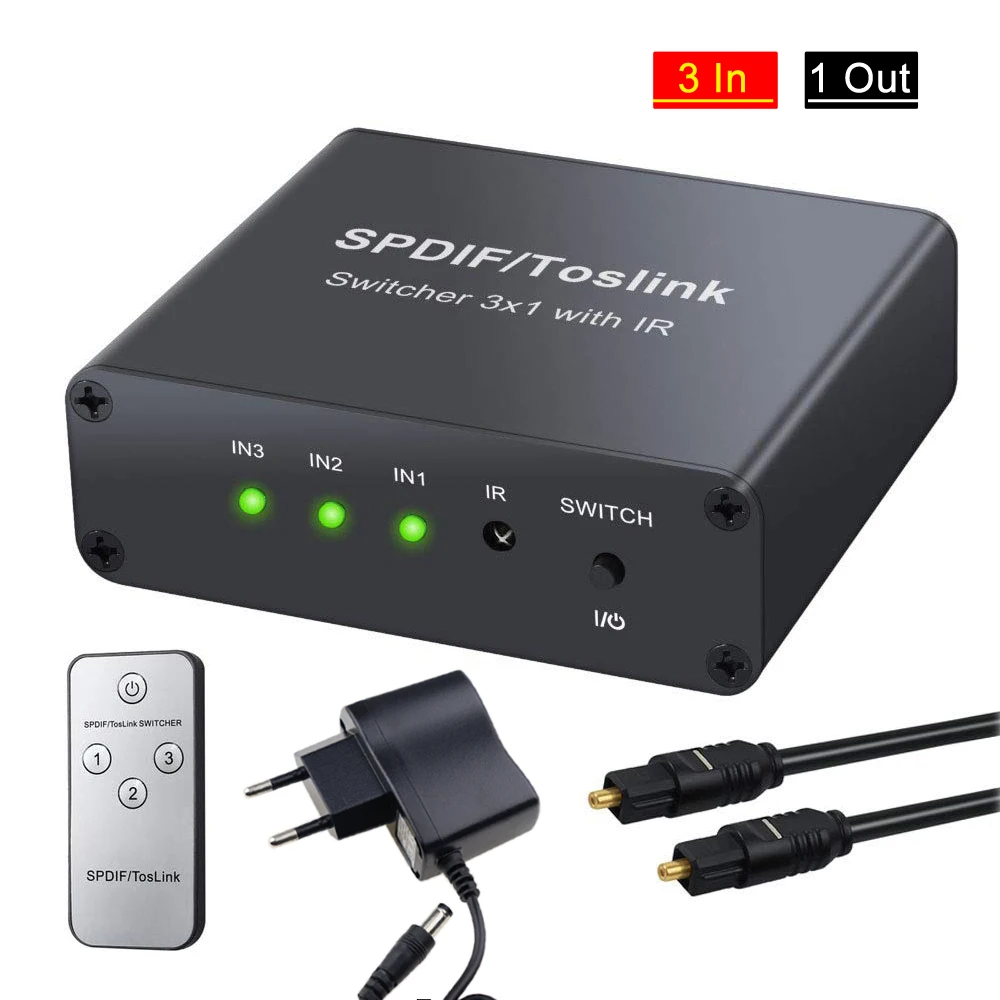 

3 Port Toslink Switch Digital Optical Audio Switcher 3x1 Aluminum SPDIF Switcher 3 In 1 Out Support LPCM2.0/DTS/Dolby-AC3
