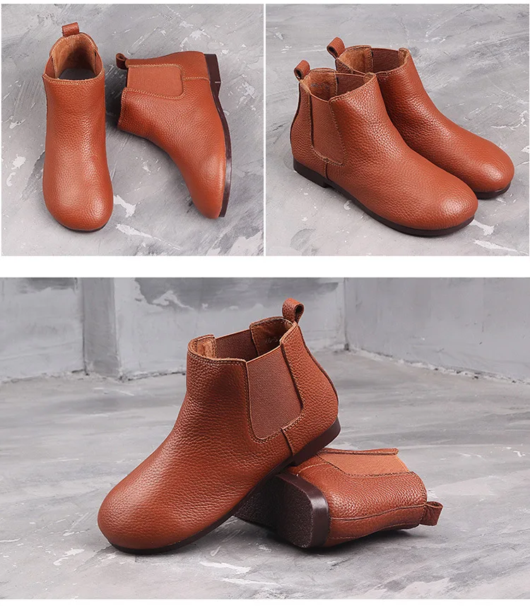 2021 new Leather ankle boots, flat shoes, vintage boots, round head, cowhide shoes, single boots PIAN