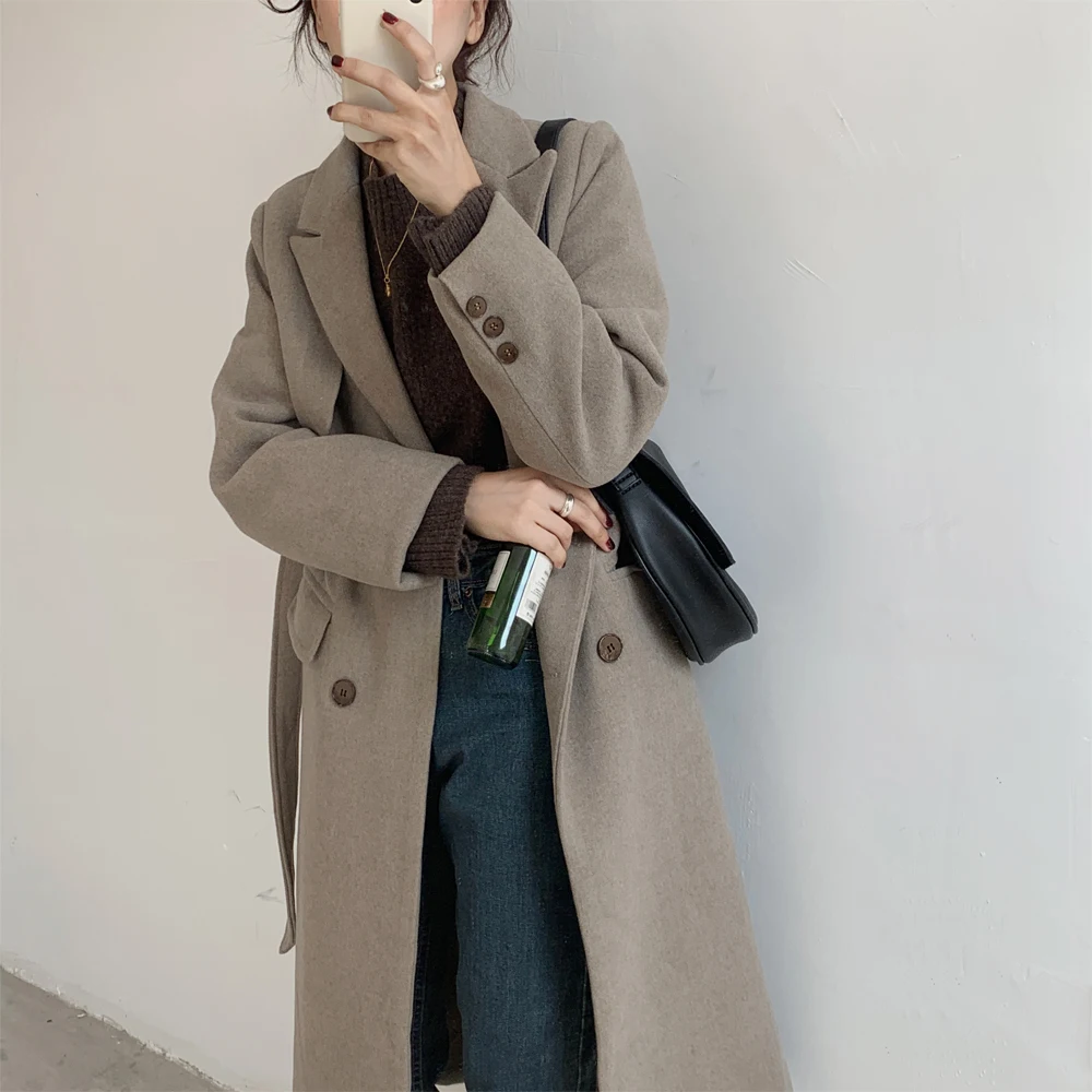 Женское зимнее винтажное супер длинное кашемировое пальто, двубортное шерстяное пальто с зубчатым воротником, куртка с поясом, верхняя одежда