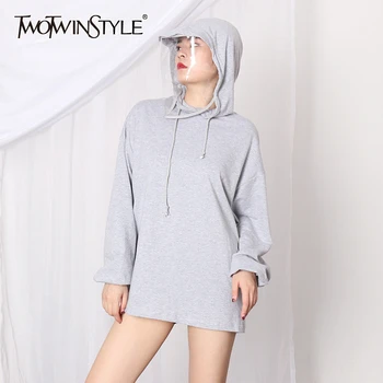

TWOTWINSTYLE Elegant Women Sweatshirt Hooded Collar Lantern Long Sleeve Lace Up Loose Sweatshirts For Female Fashion Clothes New