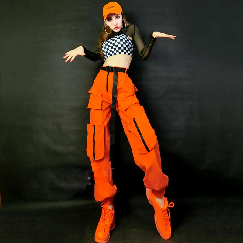 Hip Hop Costumes Adults Orange Pants Plaid Vest Street Dance Clothes Modern Stage Outfits Ladies Jazz Performance Wear DNV12425