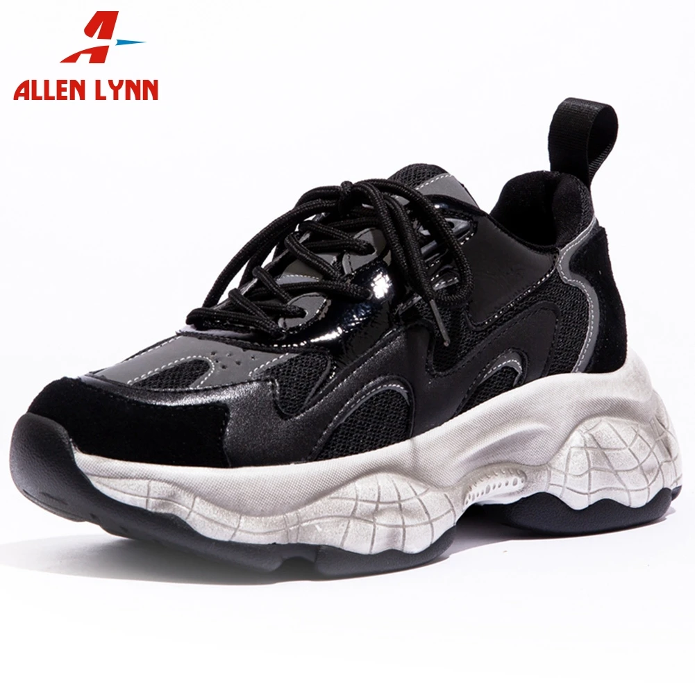 

ALLENLYNN Brand New Women Leahter Dad Shoes Woman Thick Bottom Round Toe Platform Lace Up Spring Autumn Sneakers