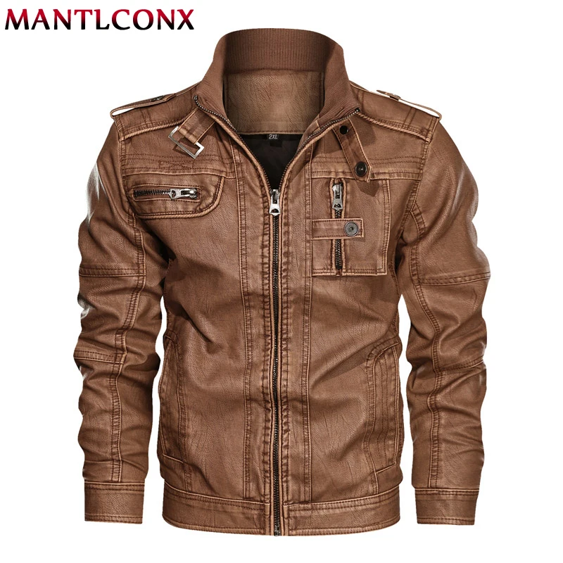 MANTLCONX Байкерская мужская кожаная куртка, новинка, брендовая мотоциклетная куртка из искусственной кожи, мужские осенне-зимние пальто размера плюс 5XL 6XL - Цвет: Brown
