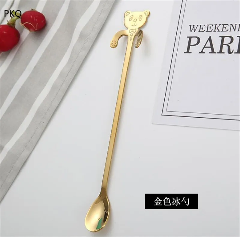Cute bear spoon long handle stainless steel spoon Ice Stirring coffee Spoon drinkware kitchen gadgets - Цвет: gold