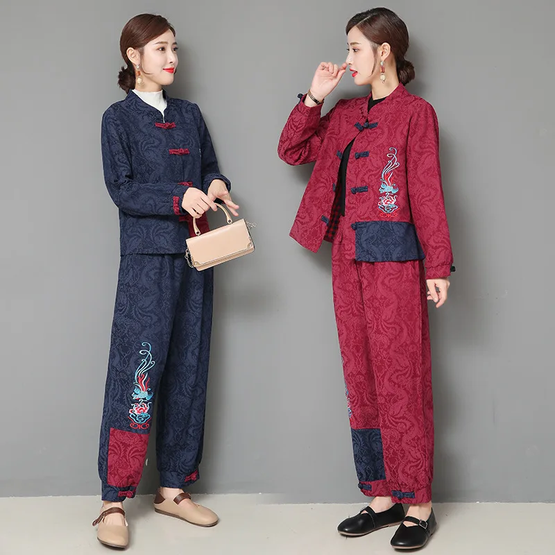 

2019 Autumn And Winter New Style Ethnic-Style Cotton Linen Embroidered Jacquard Cropped Jacket + Loose Pants Casual Two-Piece Se