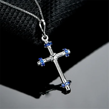 

DY 925 Sterling Silver Necklace Clear Blue Sapphire Unique Corss Charm Pendant With Chain Necklace For Women Fashion Jewelry