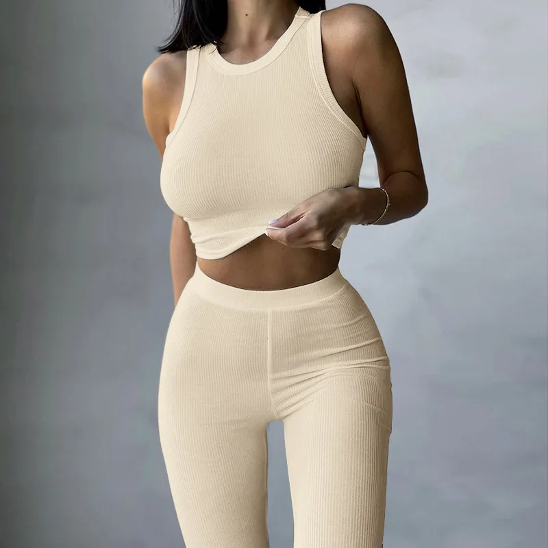 Fitnes Knit Rib Summer Suit Women's Tracksuit Solid Sleeveless Tank Top Leggings Sweatsuit Activewear Sport Outfit Two Piece Set y back maternity tank top butterluxe ruched sides women s pregnancy basic top sleeveless athletic yoga shirts camisole sport