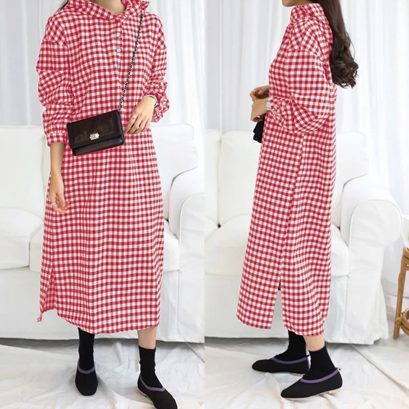 

Hooded Midi Dress Women's Sundress 2019 ZANZEA Autumn Kaftan Casual Check Sweatshirt Vestidos Female Split Robe Femme Plus Size