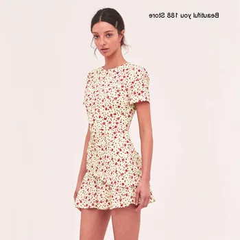 

Australian design Summer * Same Floral Asymmetric skirt drawstring pleated slim temperament goddess dress