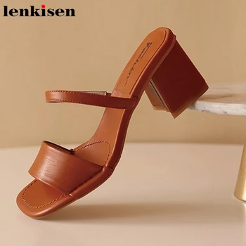 

Lenkisen fashion new streetwear sheep leather high quality ventage slipper thick high heels slip on party beauty lady pumps L0f1