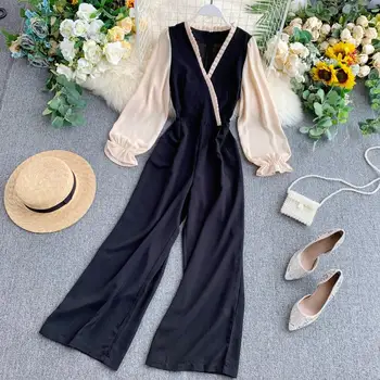 

2019 New spring autumn Rompers Womens Fashion Sexy V Neck Stitching Large size High waist Chiffon Ear Wide Leg Pants cc1105