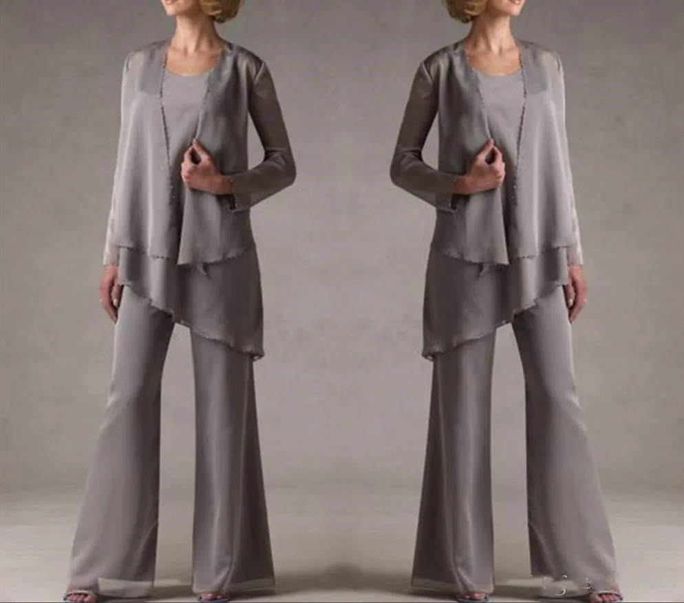 

mother of the bride dresses Grey Mother Bride Pant Suits With Jacket Women Evening Pant Suits Robe De Mariee vestido de madrinha