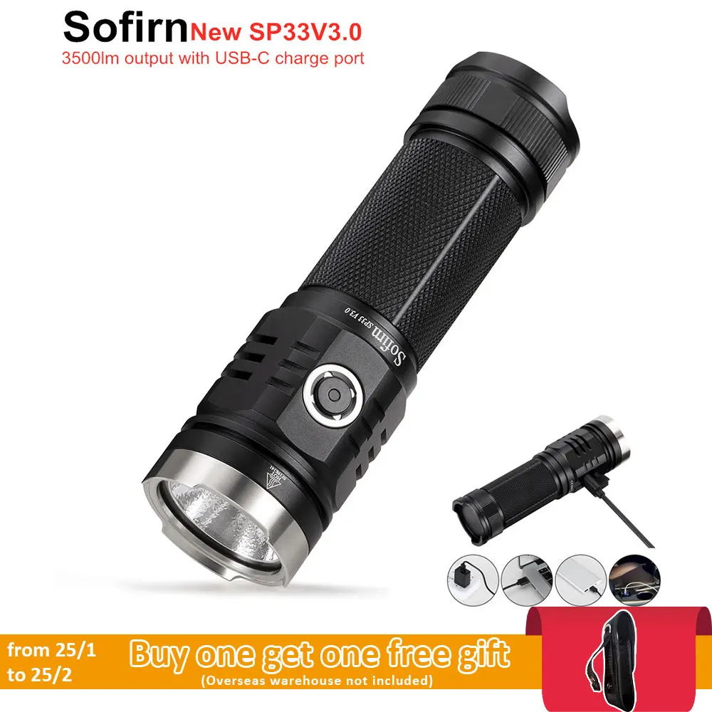 Sofirn SP33V3.0 3500lm Powerful LED Flashlight  Type C USB Rechargeable Torch Light Cree XHP50.2 with Power Indicator