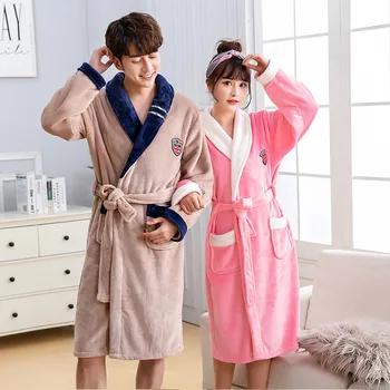 

Winter Couple Nightwear Kimono Gown Women Coral Fleece Keep Warm Bathrobe Gown Home Clothing Soft Flannel Nightgown Sleepwear