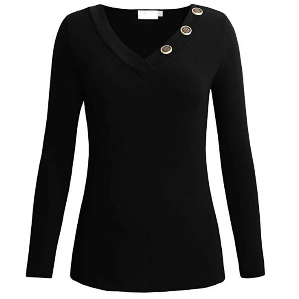 

V Neck Solid Fashion Holiday Button Decor Autumn Casual Soft Basic Elastic Tops Pullover Women T-shirt Long Sleeve