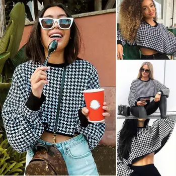 

Women Pullover Streetwear Unisex Hip-hop Long Sleeve Houndstooth Sweatshirt Teenager Short Women Pullover cashmere sweater women