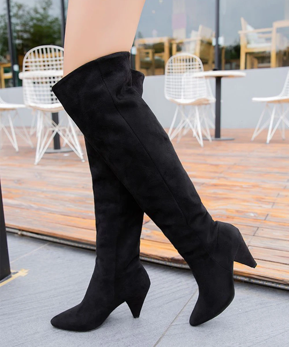 HIBISMIX/женские черные сапоги на высоком каблуке; сапоги до колена с острым носком; женская зимняя обувь на шпильке 8 см; 1372
