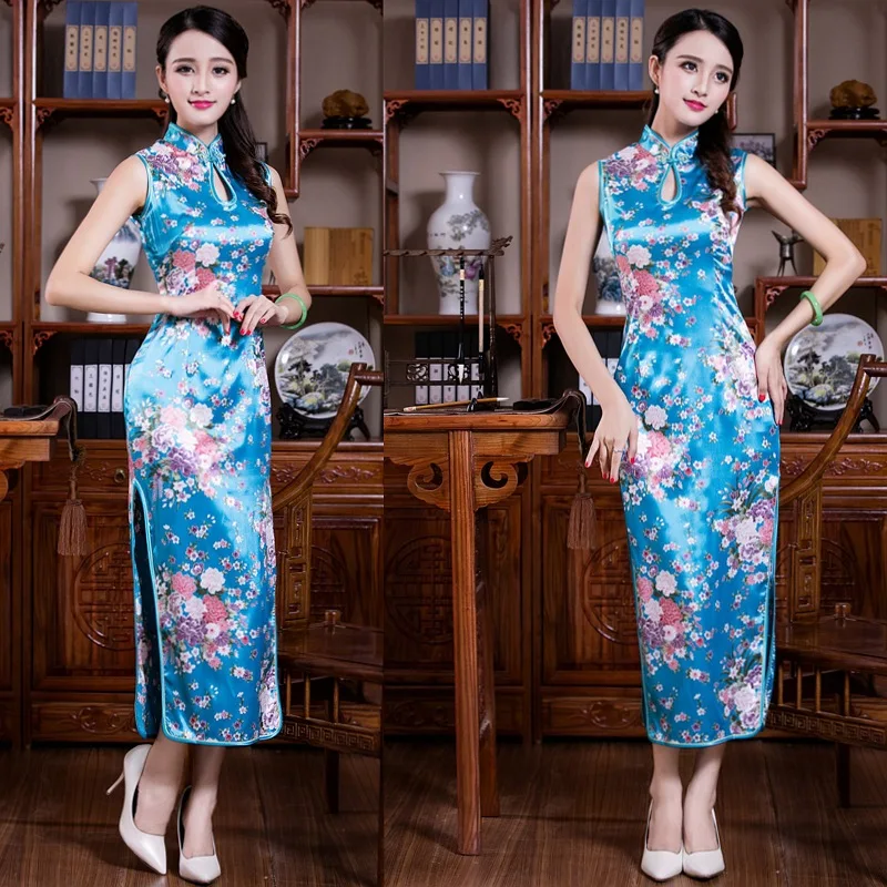 

Print Flower Sleeveless Women Vintage Long Cheongsam Vestidao Satin Blue Traditional Dress Mandarin Collar Summer New Qipao