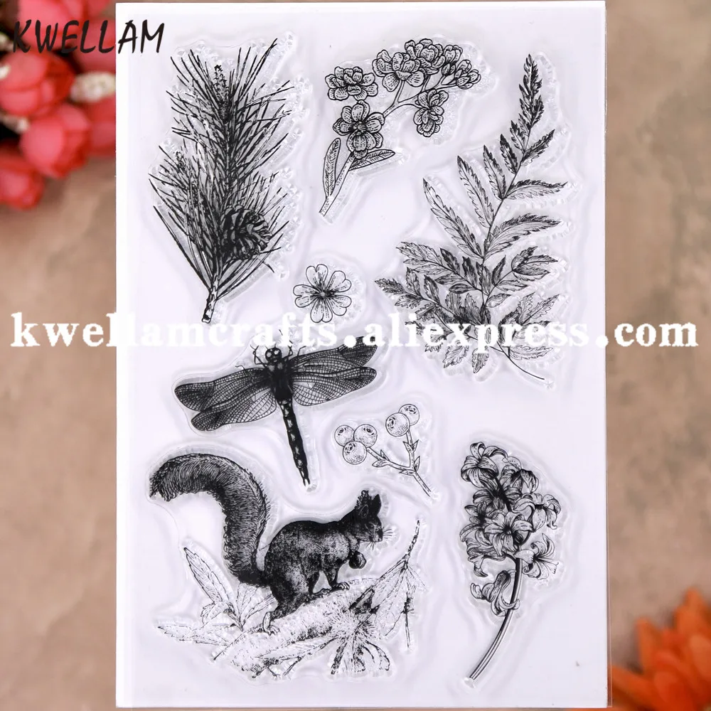 Flowers Leaves Dragonfly Squirrel Pinecone Scrapbook DIY photo cards rubber stamp clear transparent 20011001 | Дом и сад