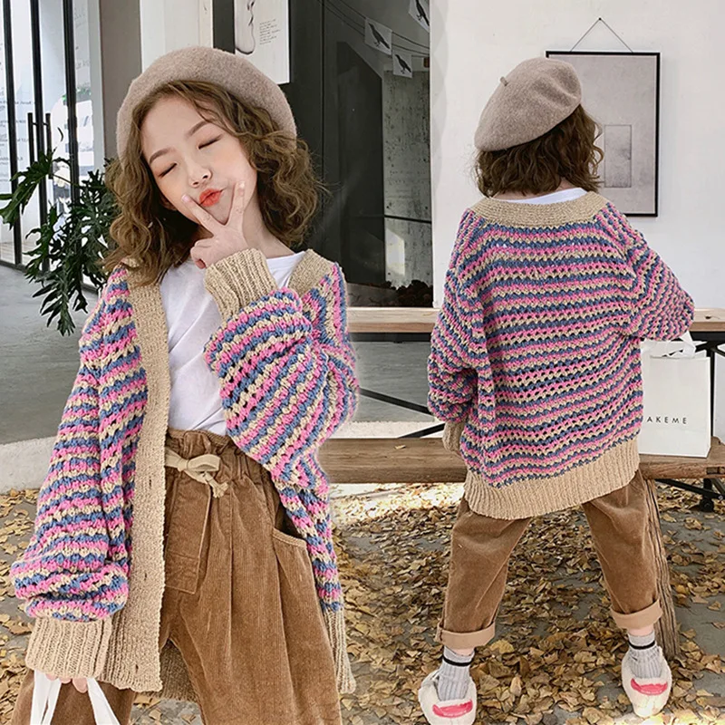 

Girls 2020 Early Spring New Style Big Kid Versatile Hollow out Color Mixture Mid-length Knitted Cardigan Q2155-19n775