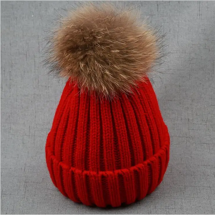 Детские зимние шапки для девочек и мальчиков, вязаная шапка для детей 1, 2, 3, 4, 5, 6 лет, детские меховые шапки с настоящим шариком для девочек и мальчиков, теплая шапка - Цвет: Красный
