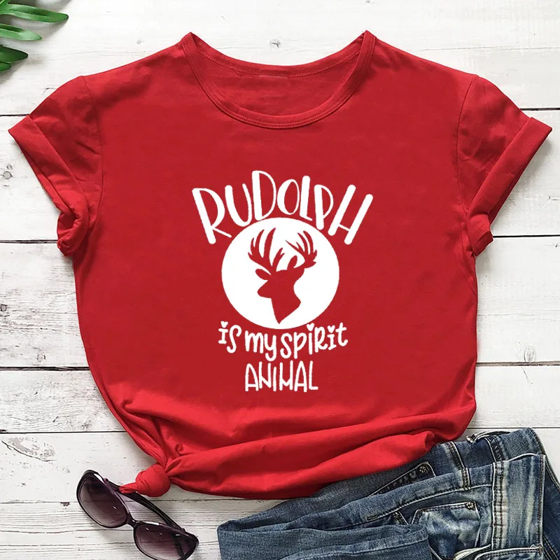 

Rudolph Is My Spirit Animal Shirts For Christmas New Arrival Women's Funny Casual 100%Cotton T-Shirt Cute Christmas Shirt