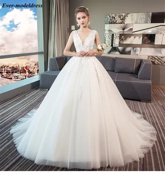 

Vintage Wedding Dresses 2019 Lace Appliques V-Neck Lace Up Back Sweep Train Elegant Wedding Gowns Bride Dress Vestido De Noiva