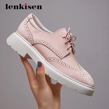 

Lenkisen new preppy style hollow breathable fashion square toe med heels thick bottom wedges lace up maiden women pumps L2f7