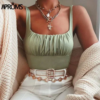 

Aproms Vintage Green White Ruched Tank Tops Women Summer Short Camis 90s Cool Girls Streetwear Sexy Strench Crop Top Tees 2020