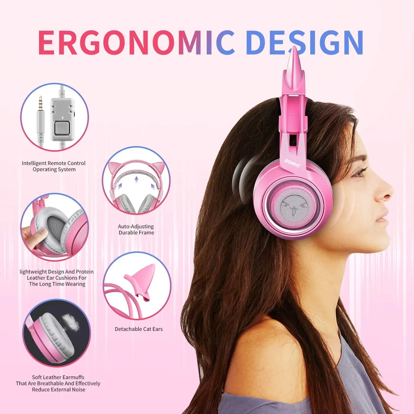 Wired Headset Gamer Pink Cat Ear 