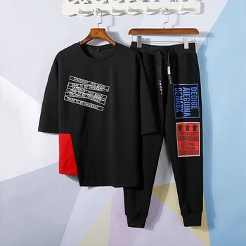 

men sets men's tracksuit sweatshirt Hip Hop Punk Patchwork Print men's clothing 2 Pec Sportswear Long pant Male Street Clothes