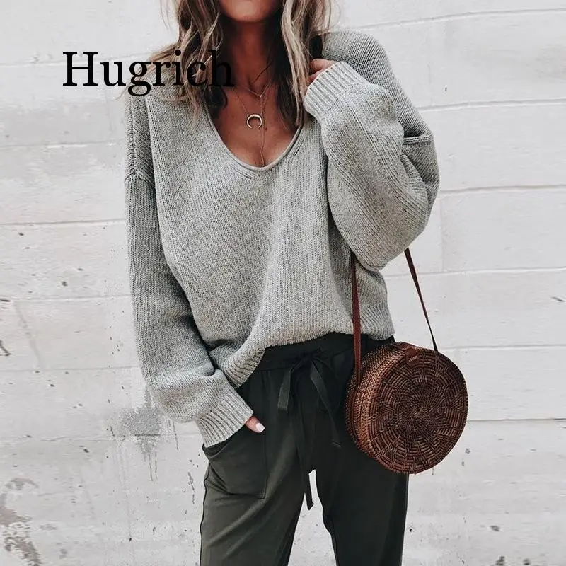 2020 Sexy V-neck Knitted Sweaters Women Fashion Long Sleeve Casual Tops Autumn Winter Sweaters