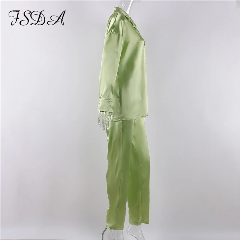 blazer pants set FSDA 2021 Tracksuit Satin Women Long Sleeve Top Shirts And High Waist Pants Elegant Casual Two Piece Sets Green Party Outfits special occasion pant suits