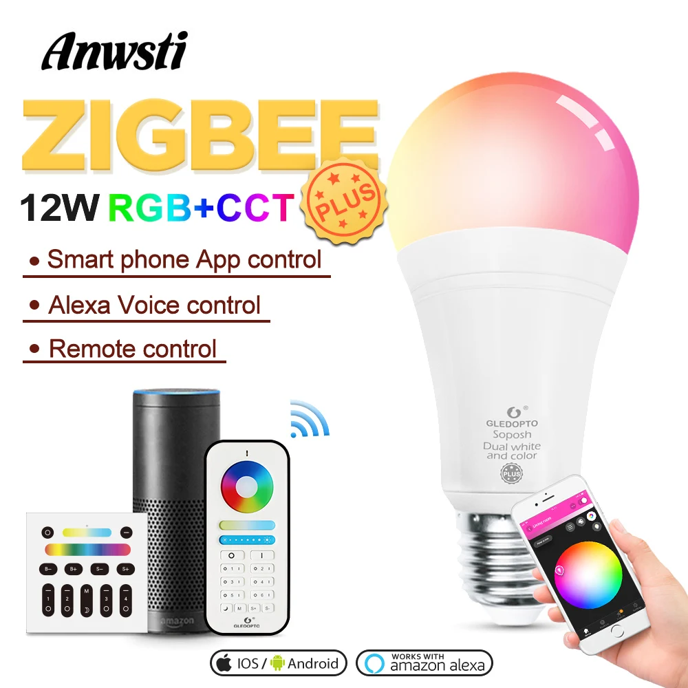 

Smart LED Bulb E27 E26 Zigbee RGBCCT Dimmable 12W AC 110V 220V 6 Zone Remote Control Zigbee 3.0 Light Lamp Voice Activated Alexa