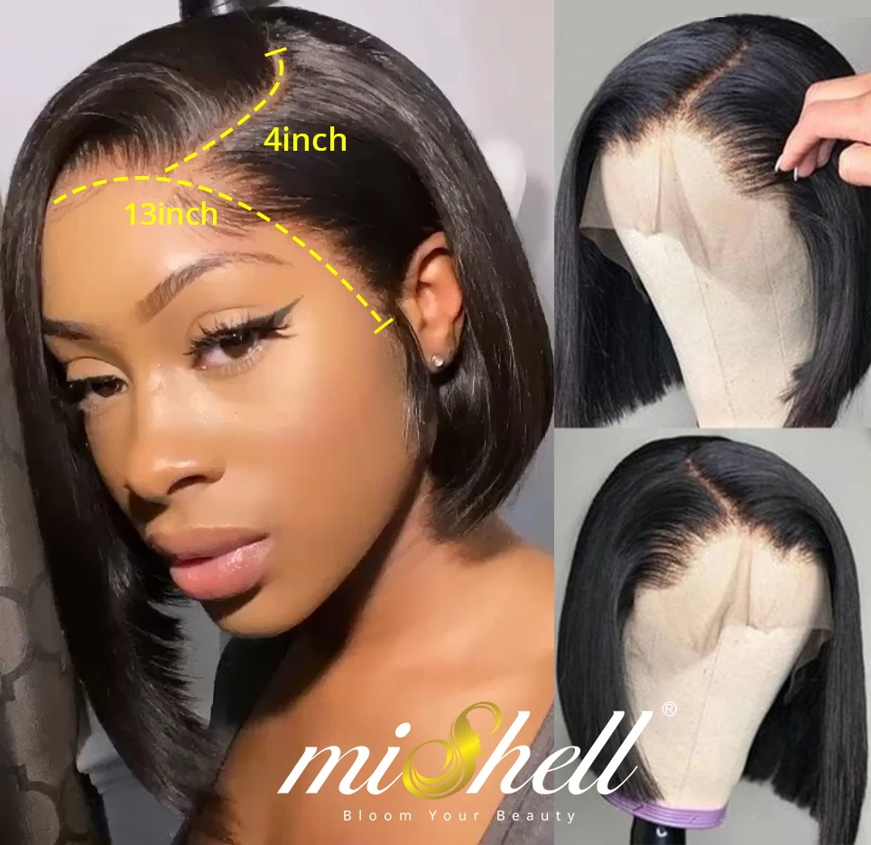 

Mishell Straight Short Bob Lace Front Human Hair Wigs 4x4 Brazilian Hair Bob wigs PrePlucked For Women HD Full Hair Frontal Wigs