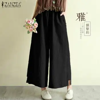 

Women Cotton Linen Wide Leg Pants Fashion ZANZEA Summer Elastic Waist Solid Trousers Casual Flare Pantalon Vintage Harem Pants