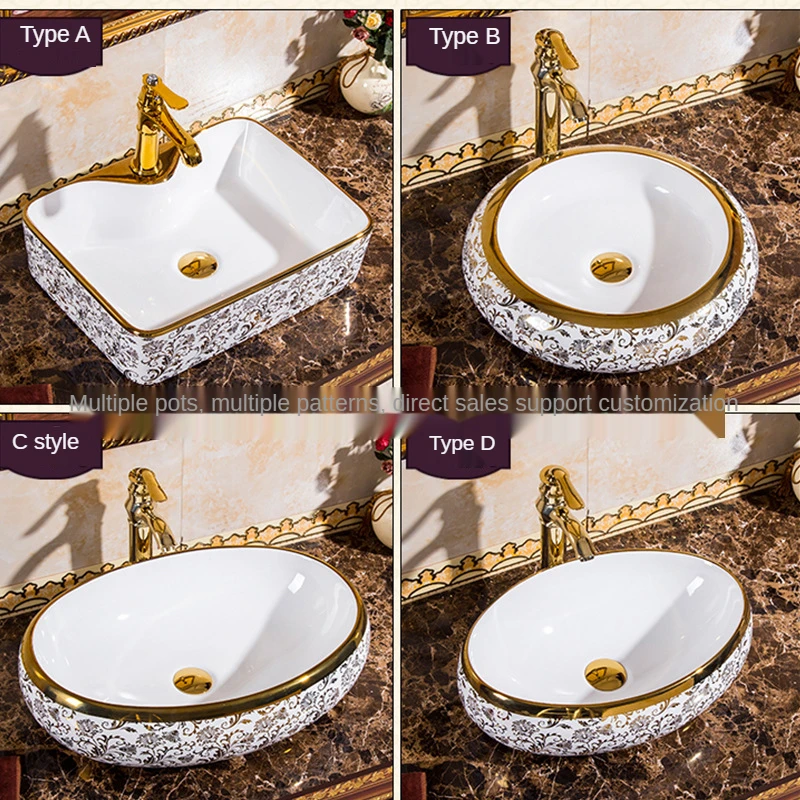 Ceramic Oval Wash Basin Golden Above Counter Wash Basin Golden Flower Art Basin Bathroom Sink ...