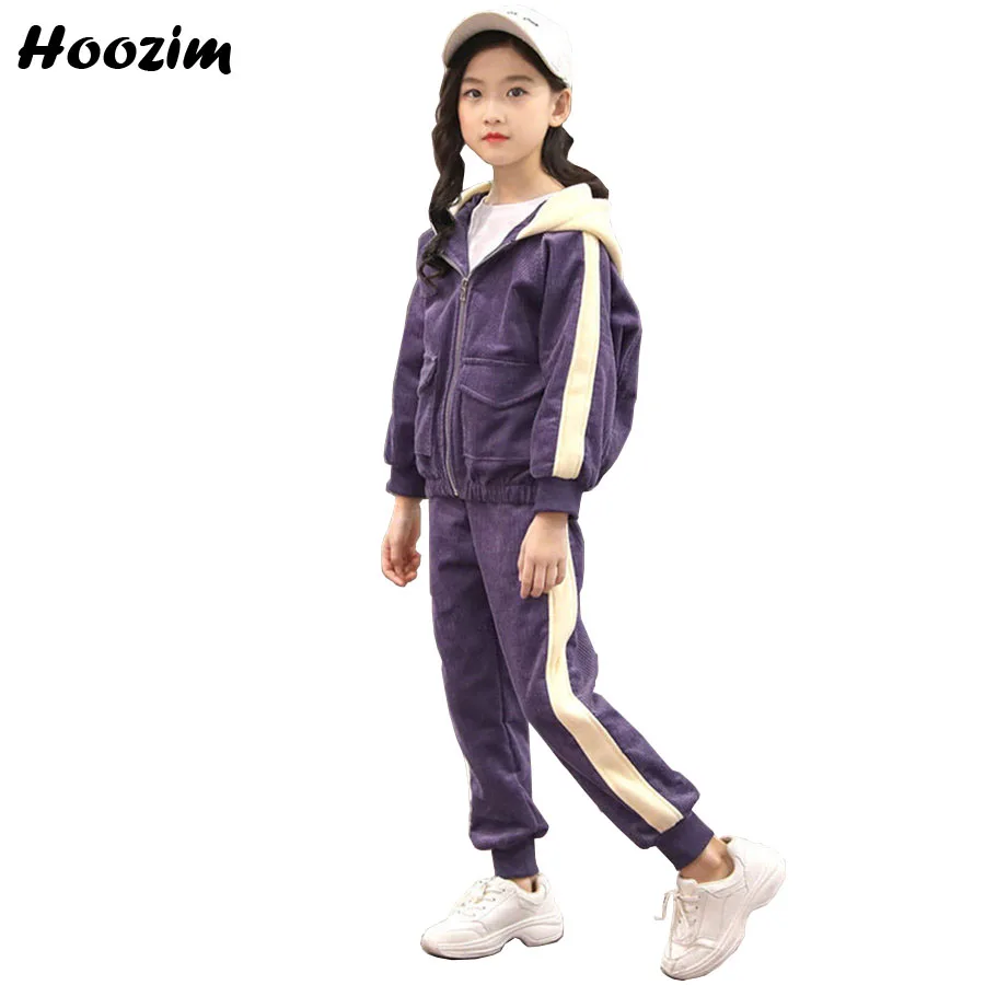 

Autumn Suit For Girls Purple Solid Hooded Jacket Teenage Elastic Waist Corduroy Pants Set Girls Streetwear Children Clothing Set