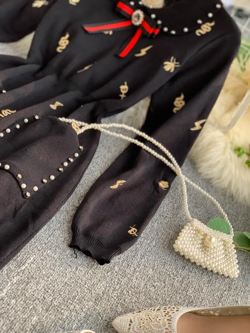 ALPHALMODA трикотажное платье поло г. Осеннее Новое винтажное платье с длинными рукавами для девочек с вышивкой и бисером