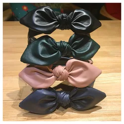 CN Girls Pu Rabbit Ears Knot Headbands Handmade Solid Bow Tooth Hairbands For Women Girl Hair Hoop Hair Accessories Hair Ties