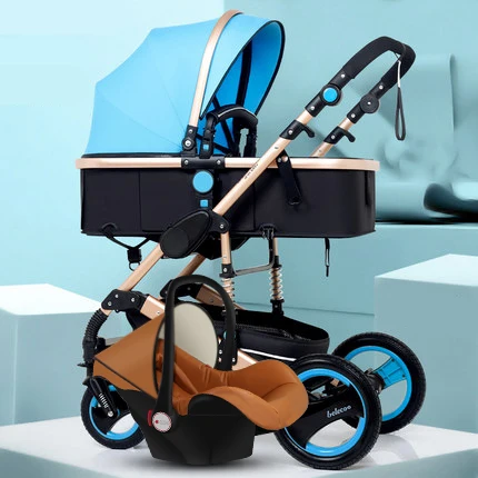 Babyfond 3 в 1 детская тележка с высоким обзором может сидеть на складной двухходовой четырехколесный амортизатор - Color: coral blue 2