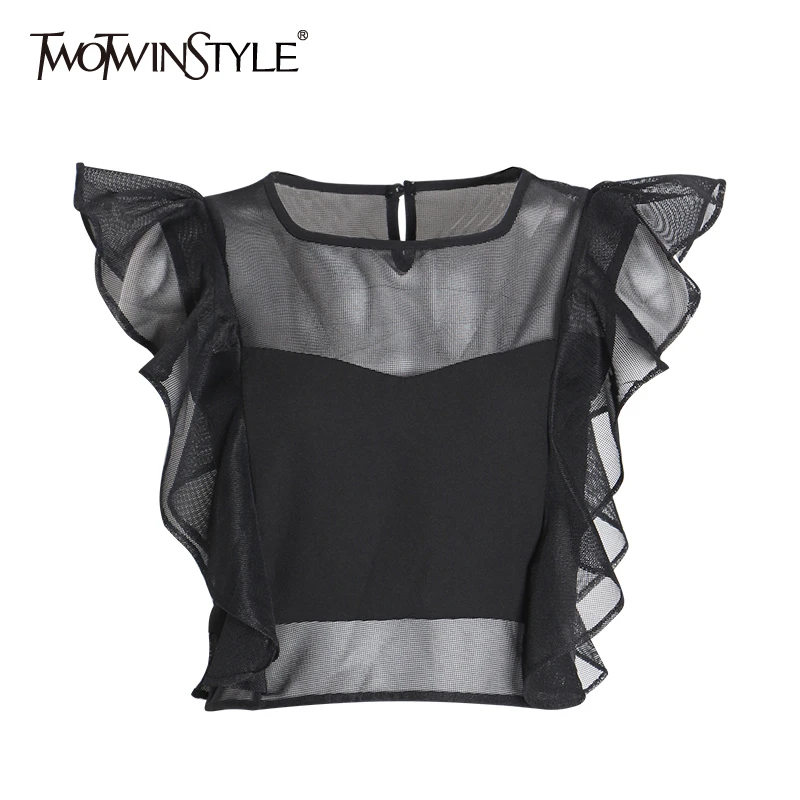 Женская блузка без рукавов TWOTWINSTYLE летняя с круглым вырезом и оборками 2020| |