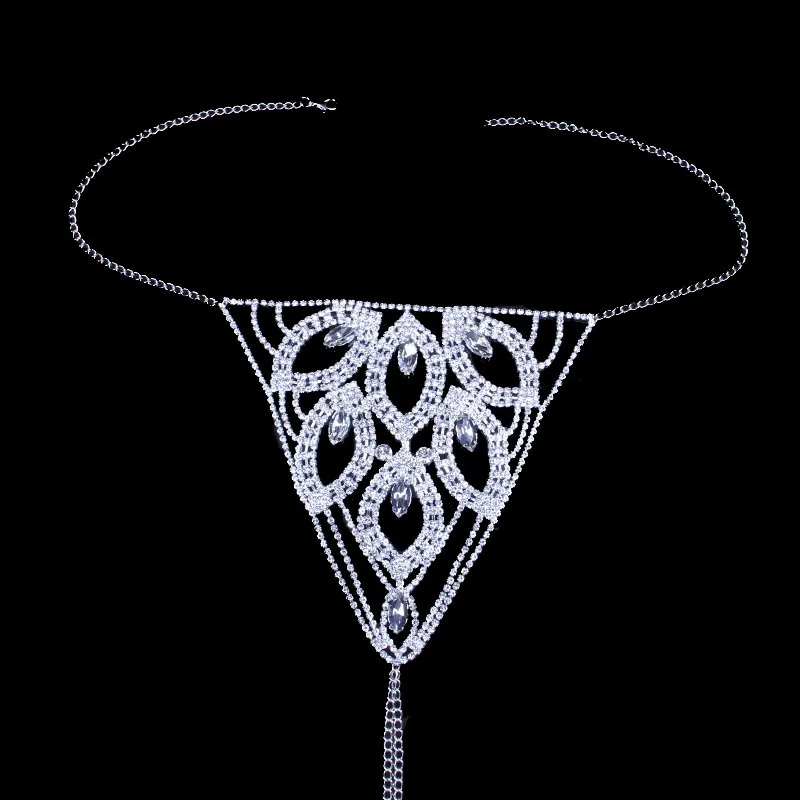 Thong-Silver Stonefans комплект нижнего белья с цветочным кристаллом и цепочкой для тела, комплект с бюстгальтером для женщин, сексуальные стразы, бюстгальтер с цепочкой и трусики, комплект нижнего белья, ювелирное изделие - Окраска металла: Thong-Silver